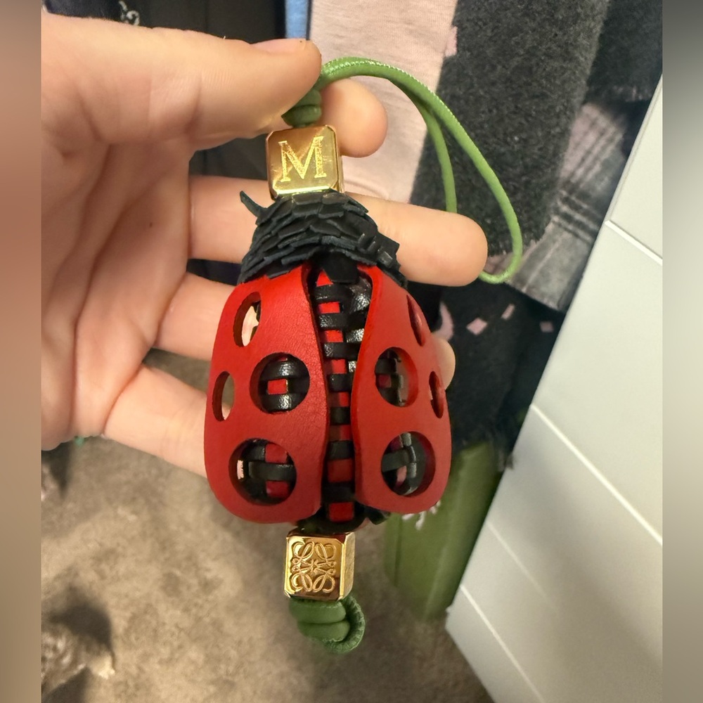 Loewe Ladybug charm classic calfskin with a calfskin strap and Anagram dice.